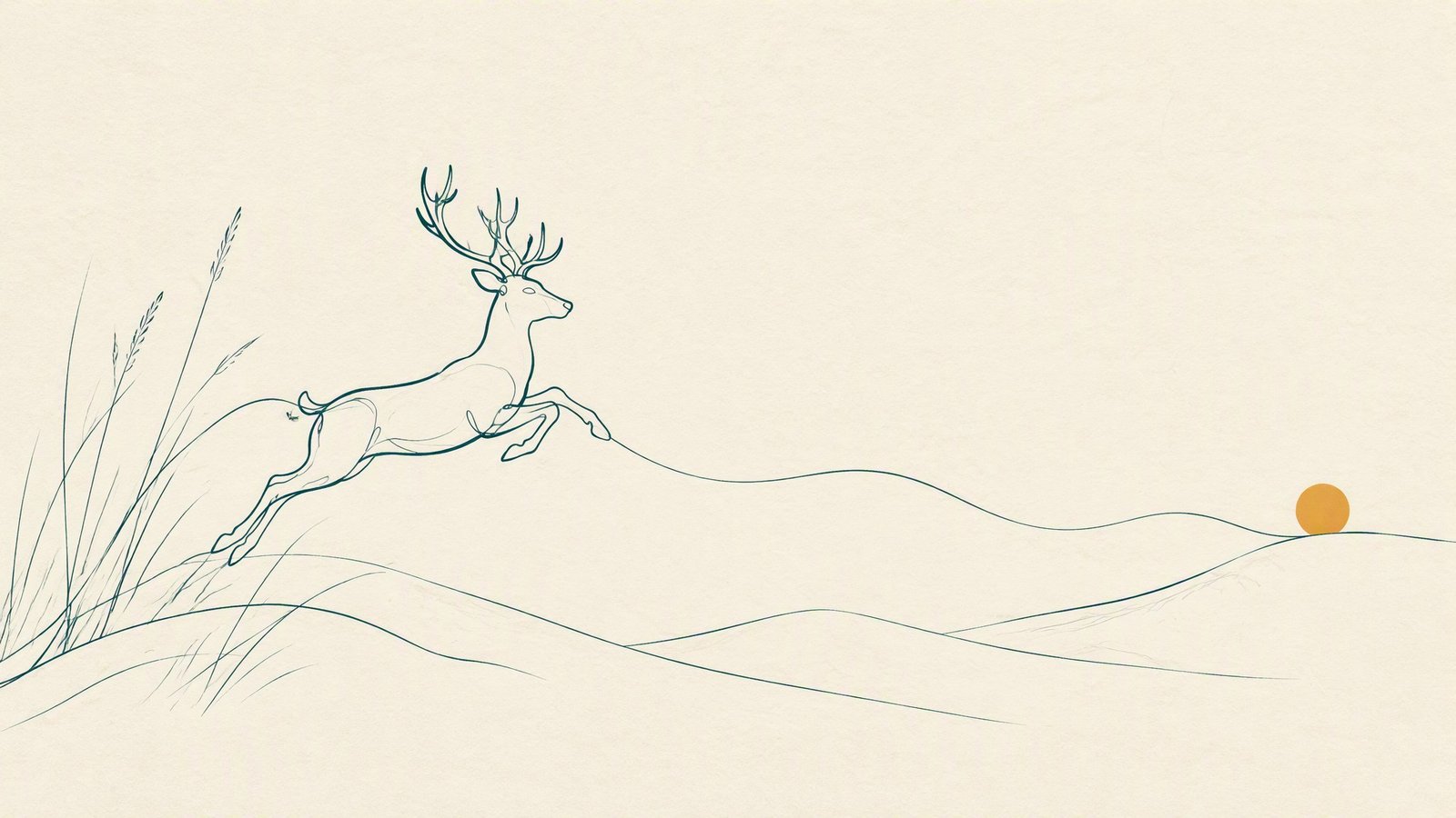 A deer mid-leap drawn in one continuous line, flowing toward a single amber point on the horizon